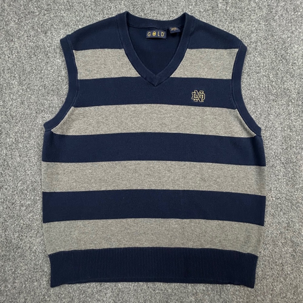 VTG Notre Dame Sweater Vest Mens L Navy Striped V-Neck Collegiate Fighting Irish